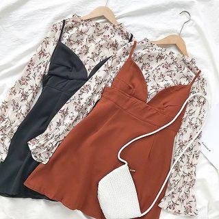 Set: Long-sleeve Floral Print Top + Spaghetti Strap A-line Dress