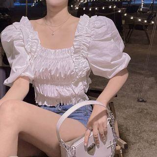 Puff-sleeve Frill Trim Shirred Crop Top White - One Size