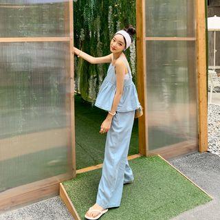 Flounced Denim Top & Wide Pants Set