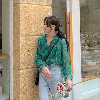 V-neck Floral Blouse Green - One Size