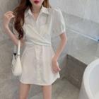 Mock Two-piece Short-sleeve Chain-accent Mini A-line Shirtdress White - One Size