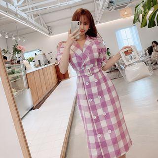 Puff-sleeve Double-breasted Gingham Dress