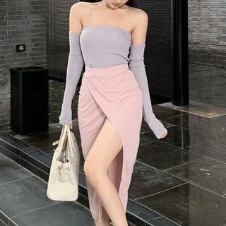 Long-sleeve Off-shoulder Top / Midi Skirt