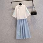 Short-sleeve Flower Embroidered Hanfu Blouse / Midi A-line Skirt