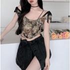 Cold Shoulder Cat Print Cropped Camisole Top