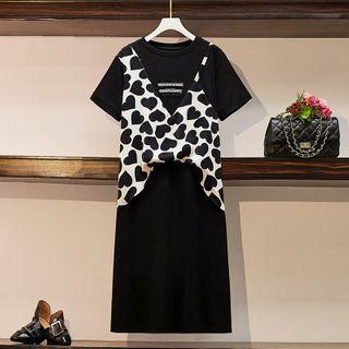 Mock Two-piece Short-sleeve Heart Print Shift Dress