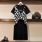 Mock Two-piece Short-sleeve Heart Print Shift Dress