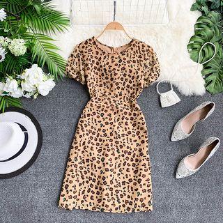 Short-sleeve Leopard Print A-line Dress Yellow - One Size