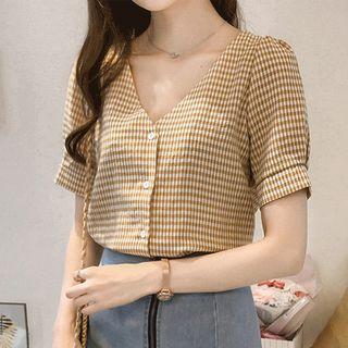 Short-sleeve Button-up Check Blouse