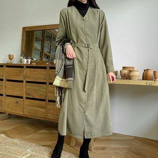 Plus Size V-neck Button-through Long Dress With Belt