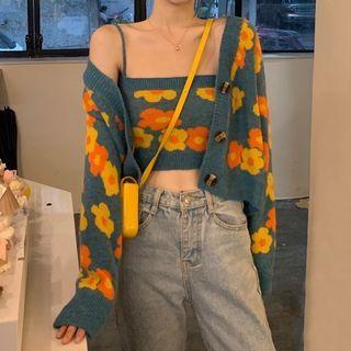 Flower Print Knit Cropped Camisole Top / Cardigan