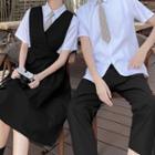 Couple Matching Short-sleeve Plain Shirt / Overall Dress / Cropped Pants / Plaid Tie
