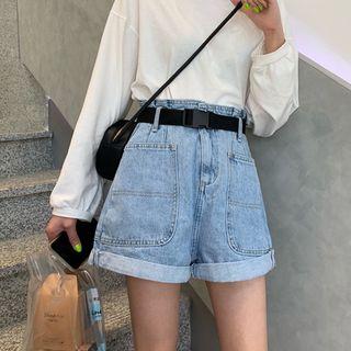 Pocket Detail Roll-up High-waist Denim Shorts