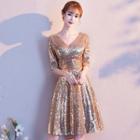 Elbow-sleeve Sequin A-line Cocktail Dress (various Designs)