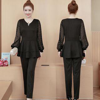 Set: V-neck Long-sleeve Chiffon Top + Pants