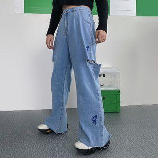 Distressed Butterfly Print Wide-leg Jeans