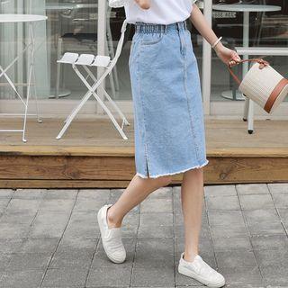 Band-waist Fray-hem Midi Denim Skirt
