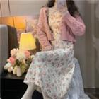 Cable-knit Cardigan / Long-sleeve Mesh Top / Spaghetti Strap Flower Print Midi A-line Dress
