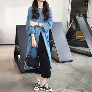 Long-sleeve Slit T-shirt / Shirred Midi A-line Skirt