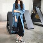 Long-sleeve Slit T-shirt / Shirred Midi A-line Skirt