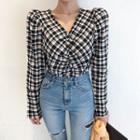 V-neck Ruched Plaid Blouse White - One Size