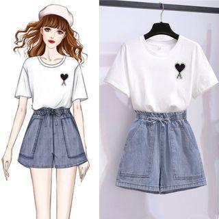 Short-sleeve Heart Print T-shirt / High-waist Denim Shorts / Set