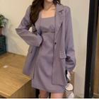 Plain Single-button Blazer / Spaghetti Strap Cut-out Mini A-line Dress