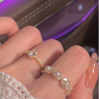 Rhinestone Ring / Butterfly Faux Pearl Ring / Set