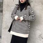 Striped Sweater / Turtleneck Long-sleeve Knit Top / Back Slit Knit Skirt
