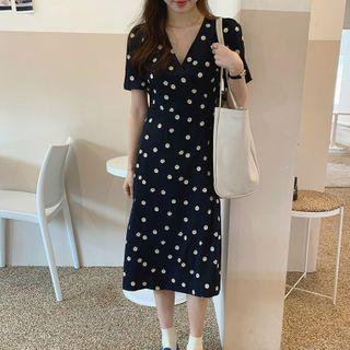Floral Print V-neck Short-sleeve Midi A-line Dress