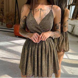 Spaghetti Strap V-neck Glitter Mini Pleated Dress