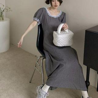 Short-sleeve Ruffled Maxi A-line Dress Gray - One Size