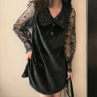 Long-sleeve Lace Panel Mini Collared Dress