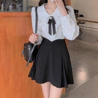 Long-sleeve Ruffle Trim Bow Accent Blouse / High-waist Plain Skirt