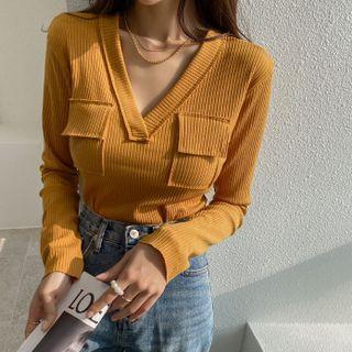 V-neck Flap-pocket Rib Top