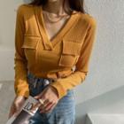 V-neck Flap-pocket Rib Top