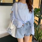 Cut-out Long-sleeve T-shirt Blue - One Size