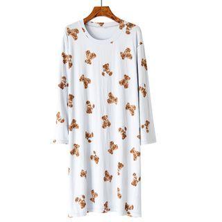 Long-sleeve Bear Printed Sleep Dress Light Blue - One Size