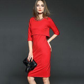 Elbow-sleeve Paneled Stripe Dress