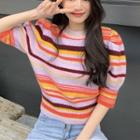 Elbow-sleeve Striped Knit Top Stripes - Purple & Tangerine & Pink - One Size