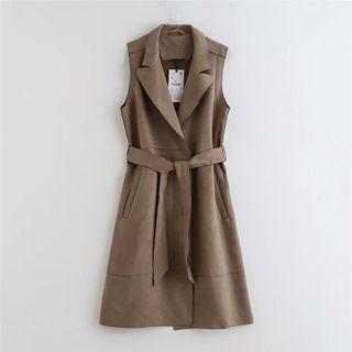 Notch Lapel Tie-waist Long Vest