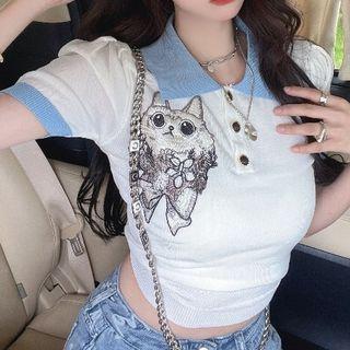 Embroidered Slim Fit Polo Shirt / Denim Mini Pencil Skirt