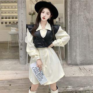 Long-sleeve Shirt Dress / Faux Leather Vest