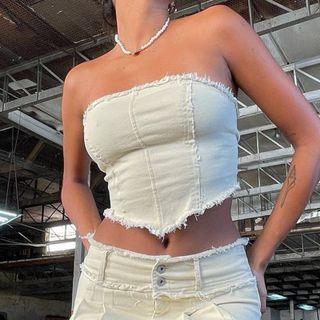 Fray Trim Denim Tube Top