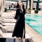 V-neck Side Slit 3/4-sleeve A-line Dress