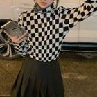 Turtleneck Checkerboard Knit Top Check - Black & White - One Size