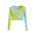 Long-sleeve Color Block Cropped Knit Top Green - One Size