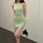 Mock-neck Knit Mini Sheath Tank Dress Green - One Size