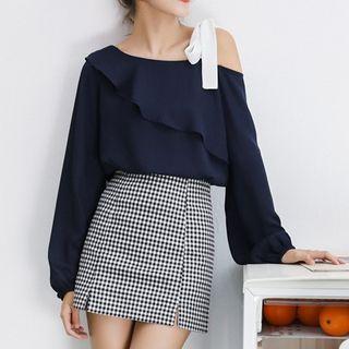 One Shoulder Lace-up Ruffled Top Navy Blue - One Size