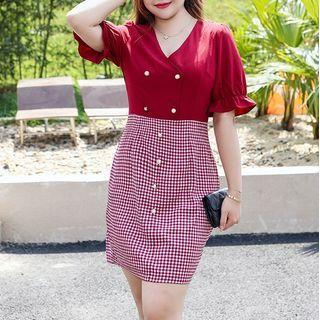Short-sleeve Gingham Panel Mini Sheath Dress